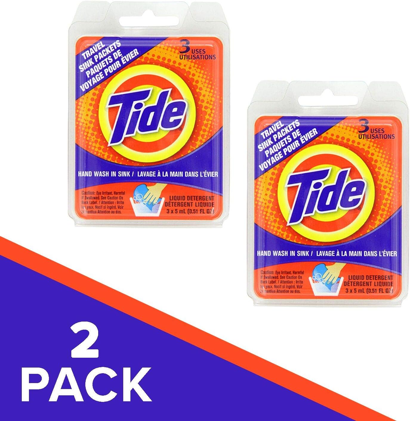 Tide Travel Sink Packets 3ct Laundry Detergent for Hiking, RV, Camping, Backpacking, Outdoors, International (Pack of 2) - Image 1