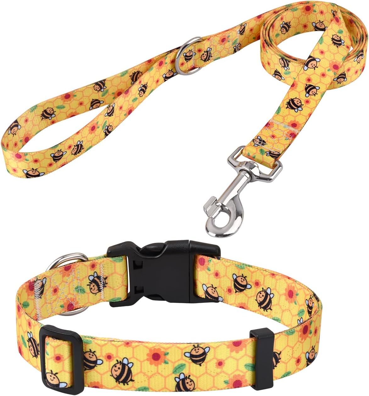 Mihqy dog collar and leash set front view showing bee pattern