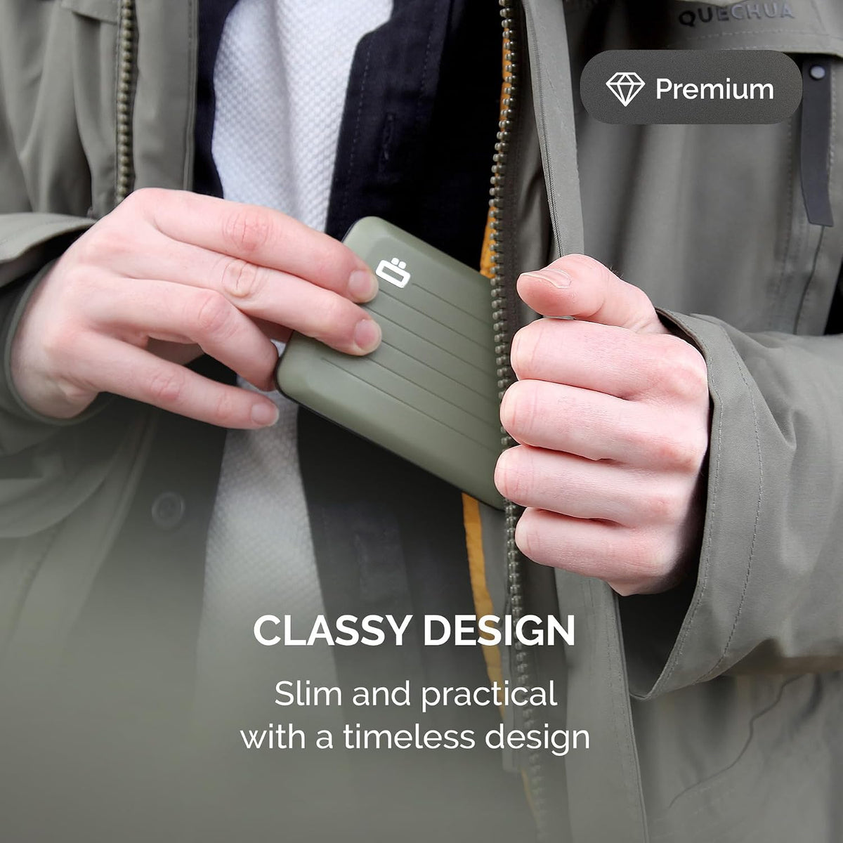 Compact green aluminum card case fitting easily into a trouser pocket