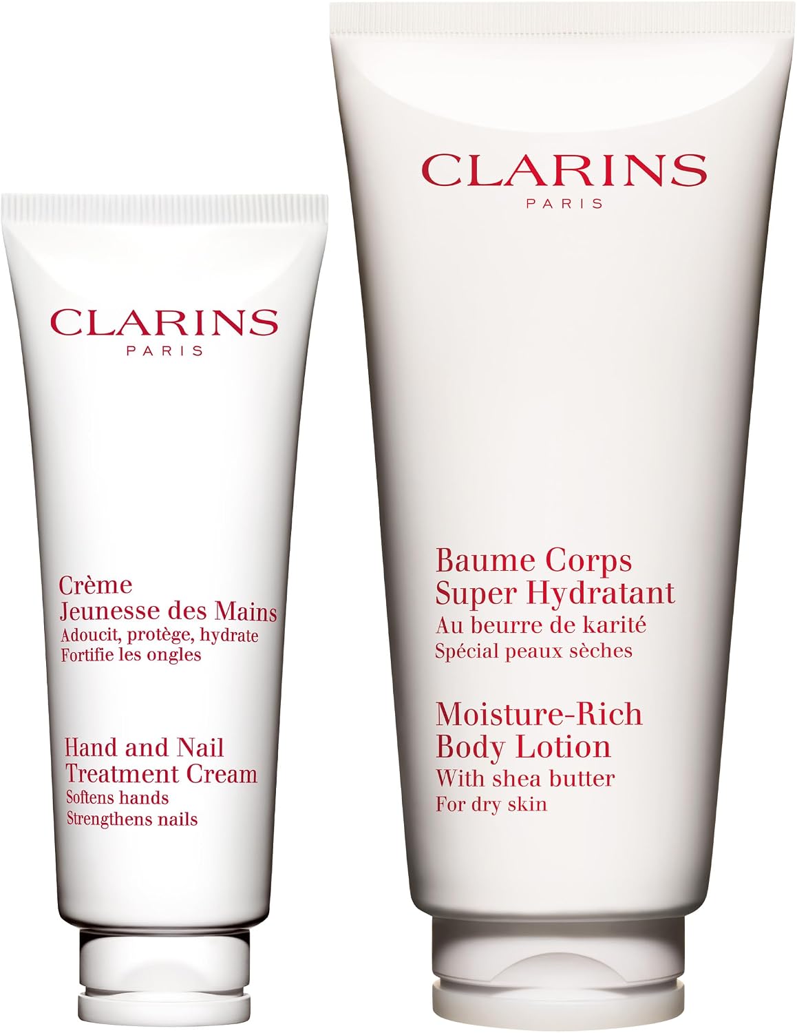 Clarins hand and nail treatment cream and moisture rich body lotion bundle front view skincare set
