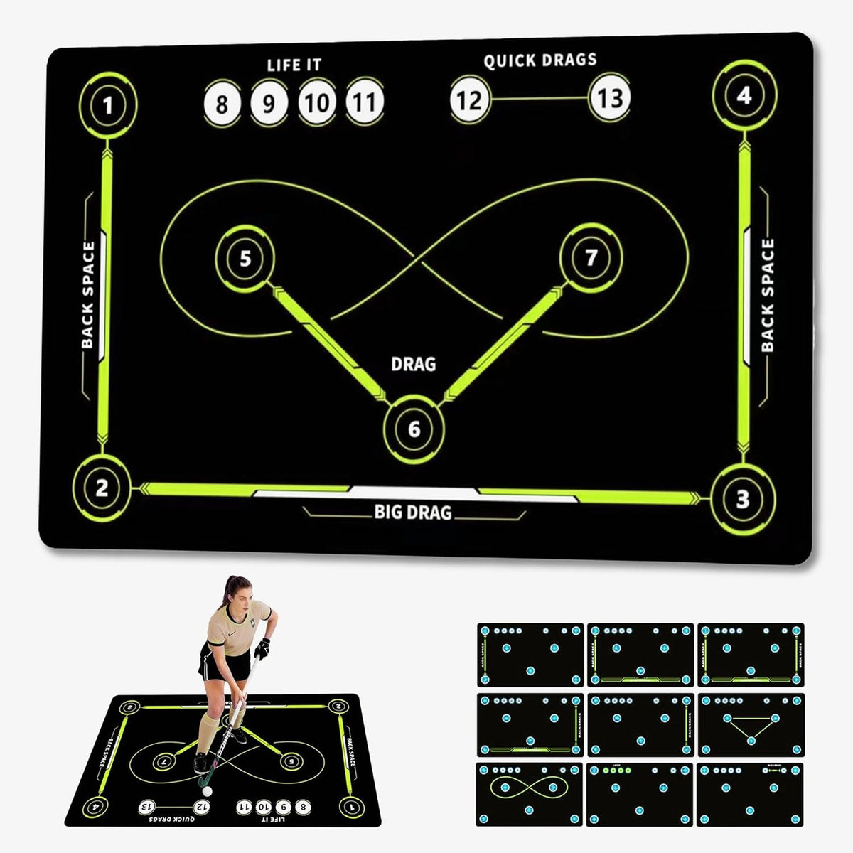 Hike Wilds Field Hockey Training Mat front view displaying numbered paths for indoor ball control practice.