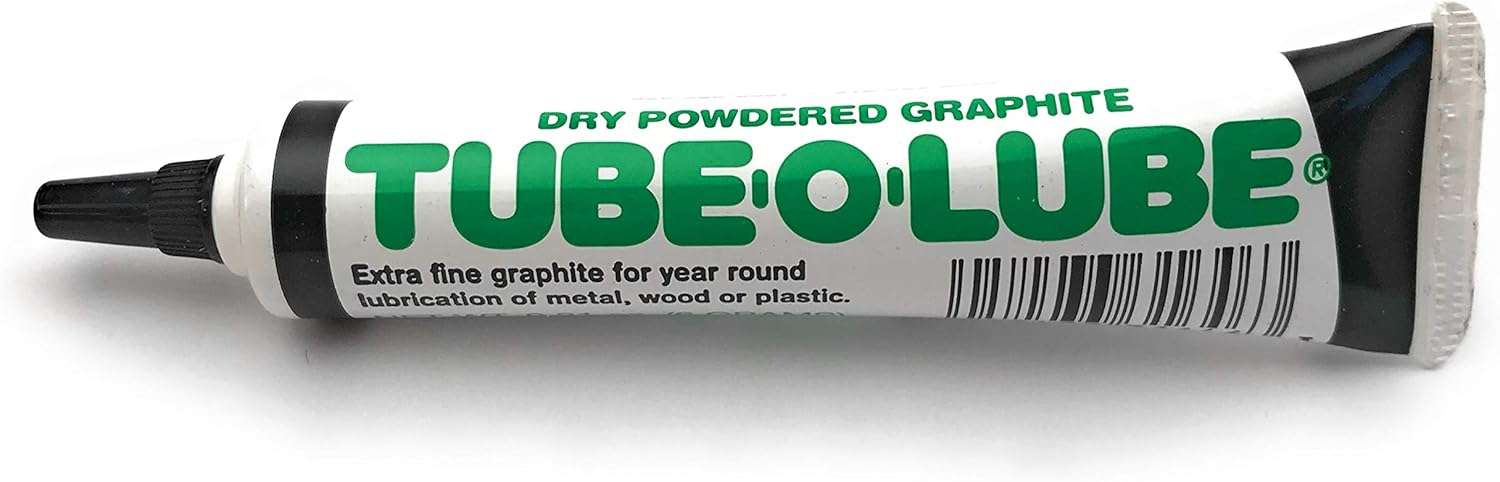 Tube-O-Lube dry powdered graphite lubricant front view of the six gram squeeze tube packaging for household lock maintenance.