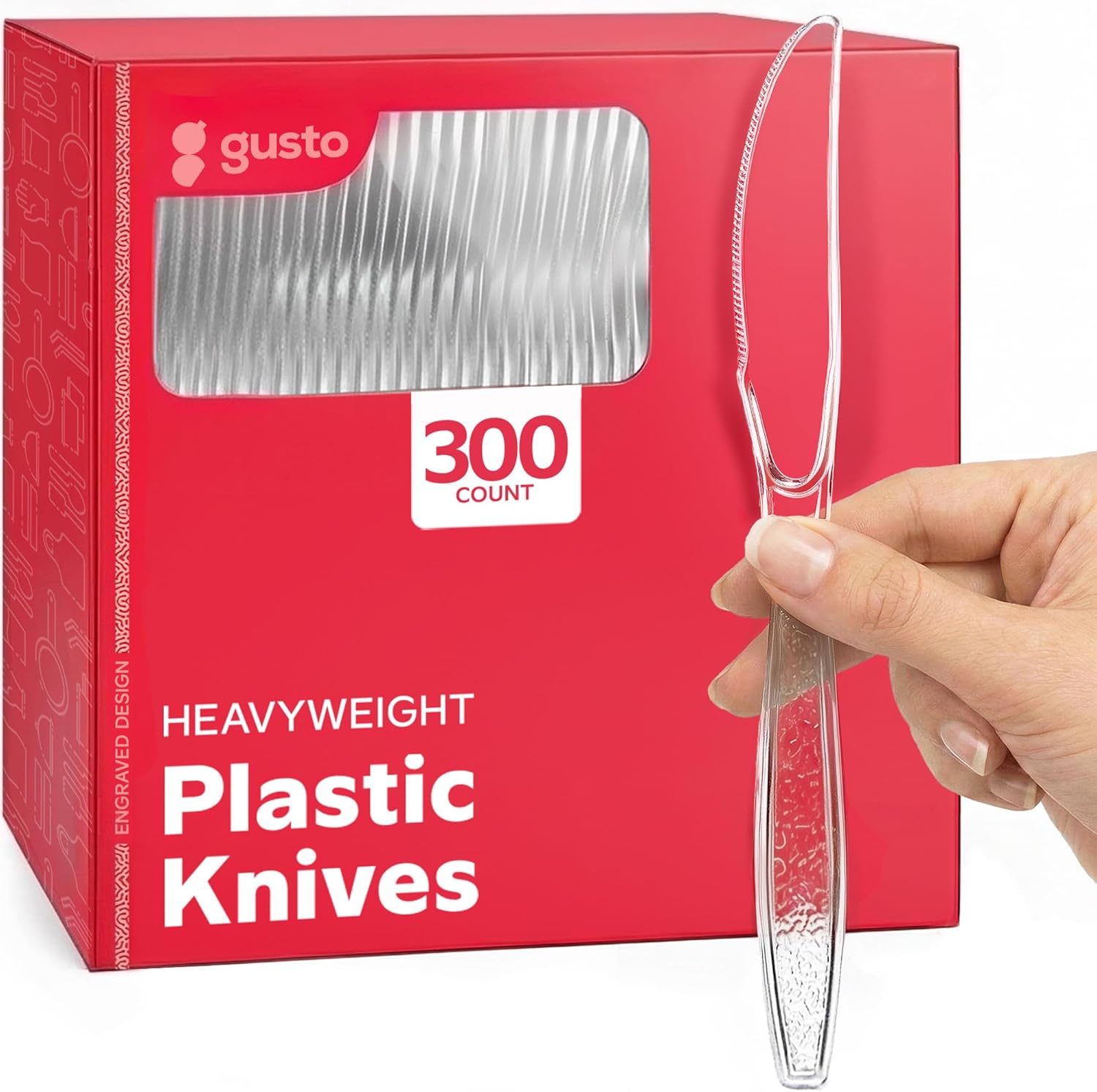 GUSTO heavyweight clear plastic knives 300 pack front view
