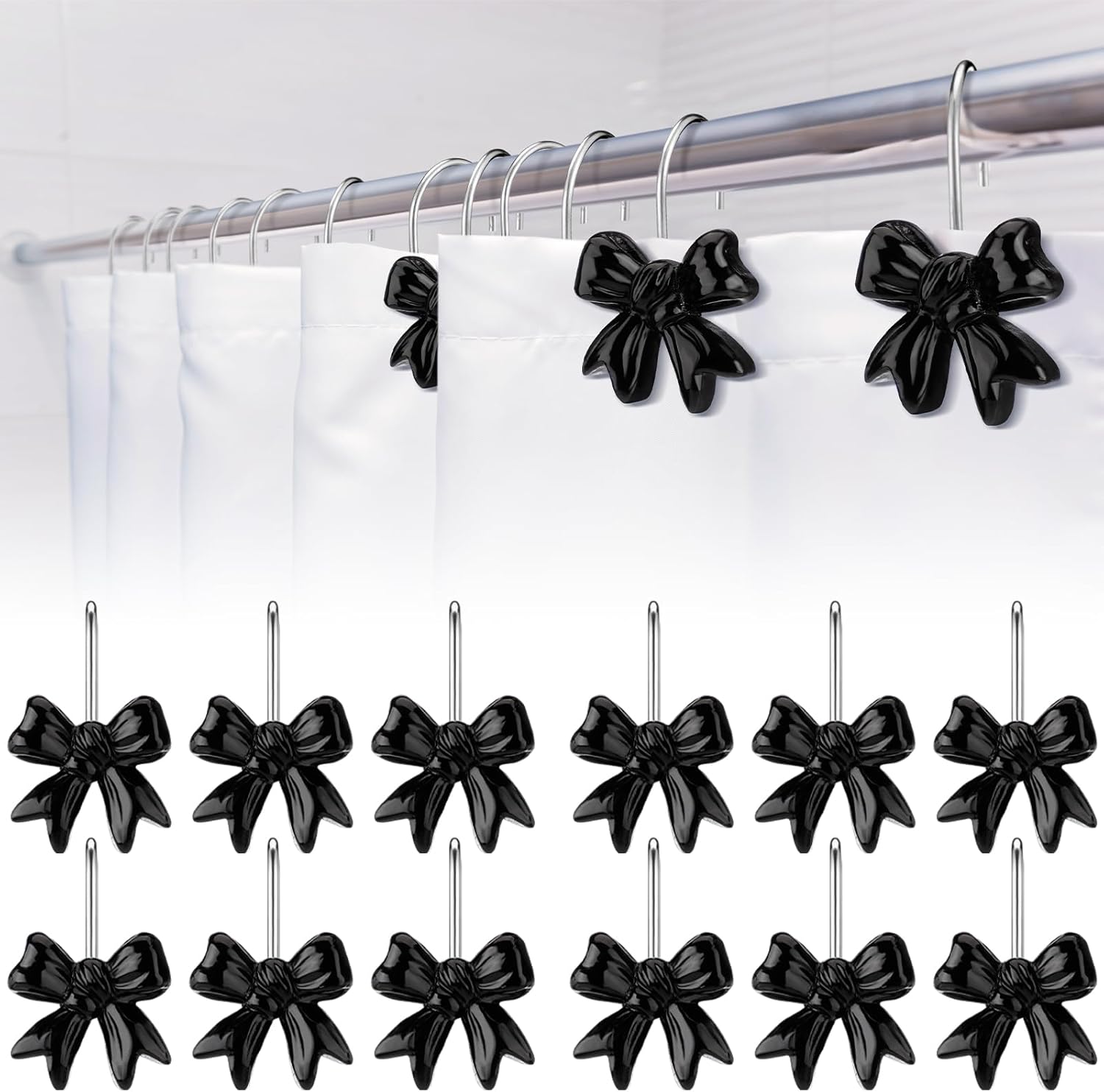 Yaocom black bow knot shower curtain hooks set front view