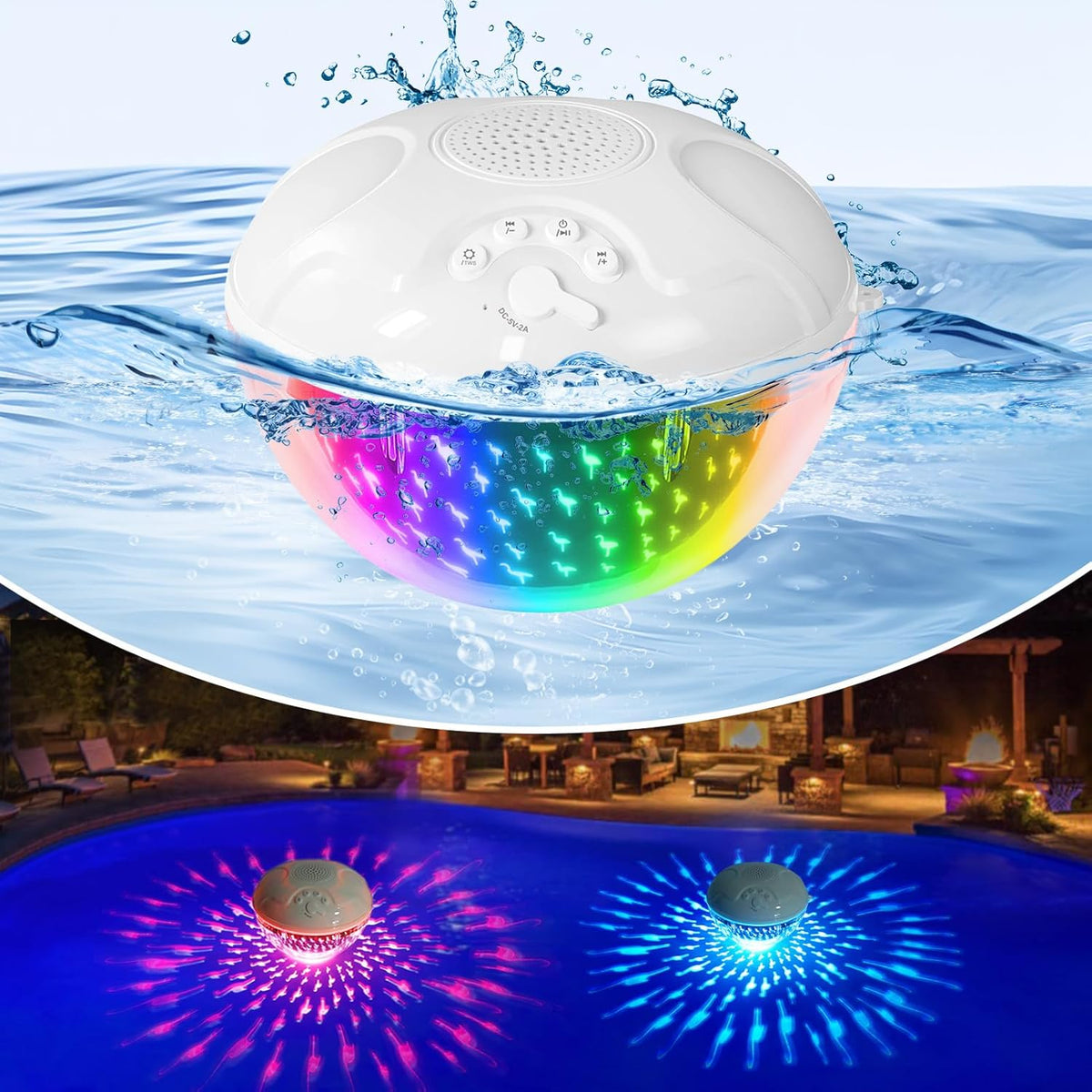Blufree floating pool speaker front view featuring flamingo light show.