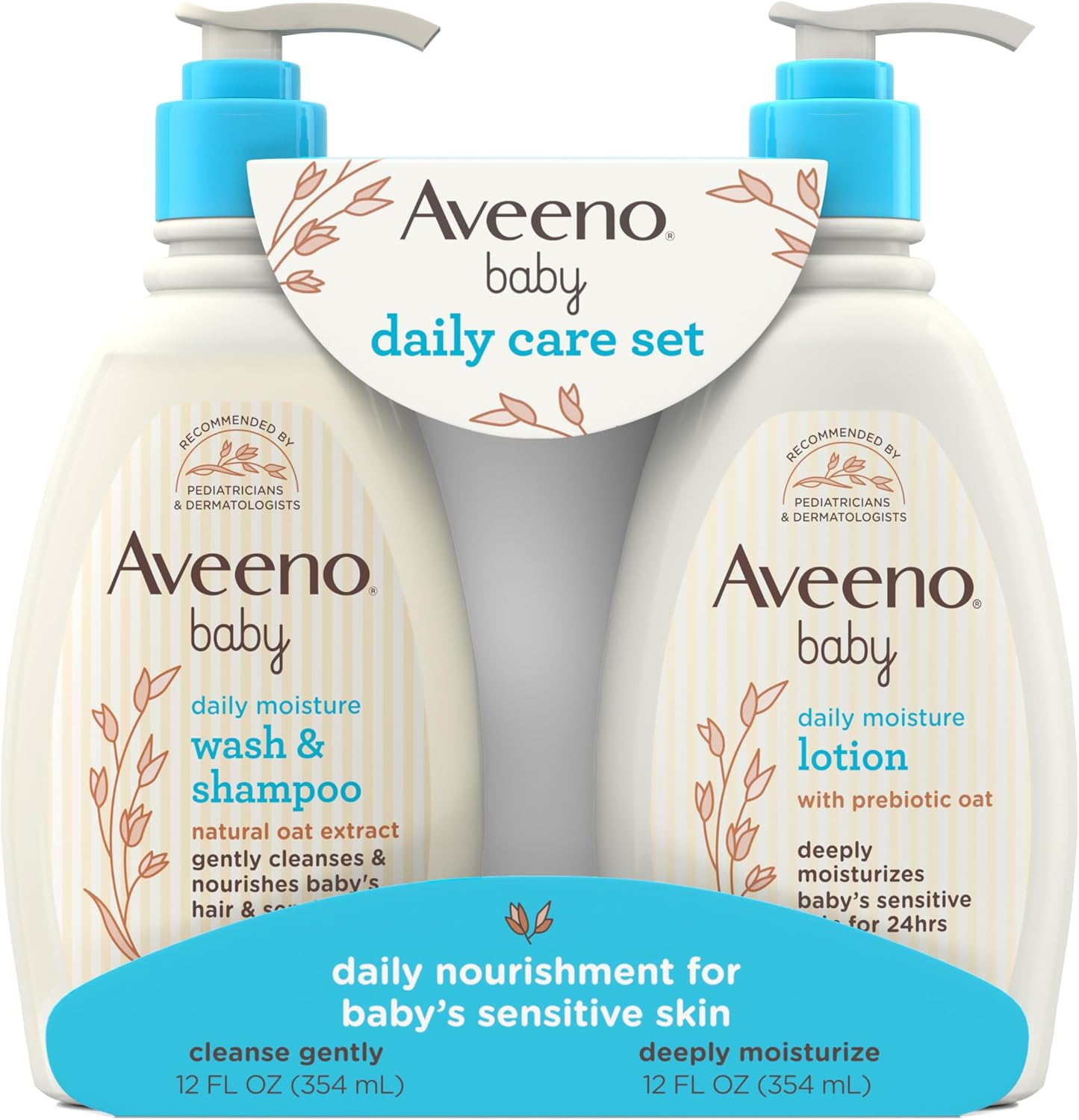 Aveeno Baby Daily Care Gift Set front view showing the moisturizing lotion and two in one bath wash bottles