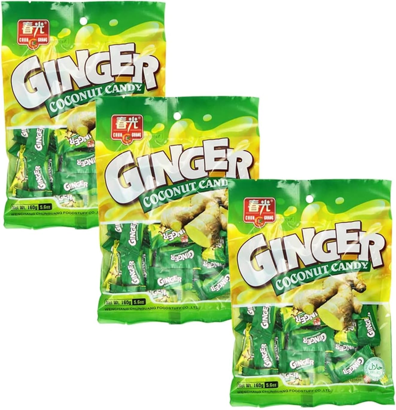 Chun Guang Ginger Coconut Candy three pack front view of authentic imported confectionery bags.