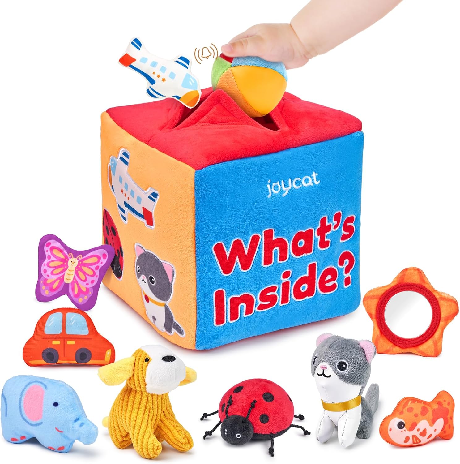 JoyCat Baby Mystery Soft Box sensory toy set front view showing plush box and mirror