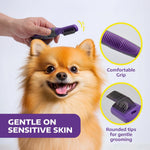 Hertzko authentic imported pet undercoat brush being held at a professional grooming angle