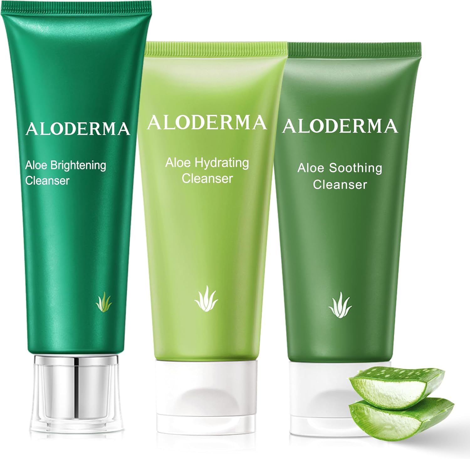Aloderma Aloe Cleanser Set three pieces front view showing hydrating soothing and brightening bottles