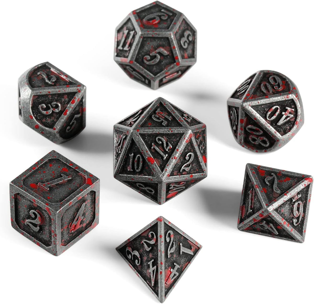 DNDND fantasy role playing game dice with red splatter finish