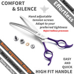 Fengliren high end pet grooming curved shears showing the precise adjustable tension screw mechanism.
