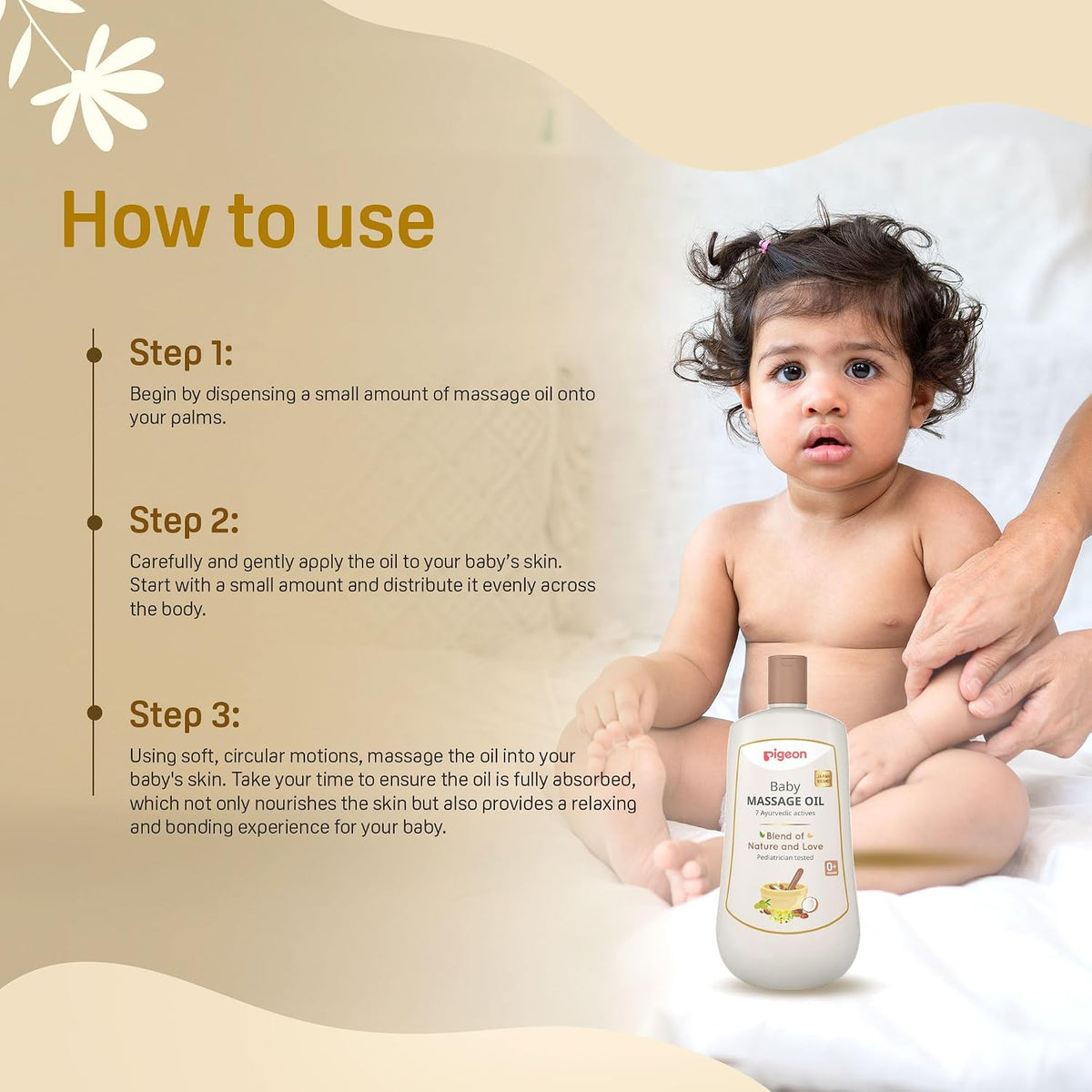 Pigeon Baby Massage Oil back label with safety and usage instructions