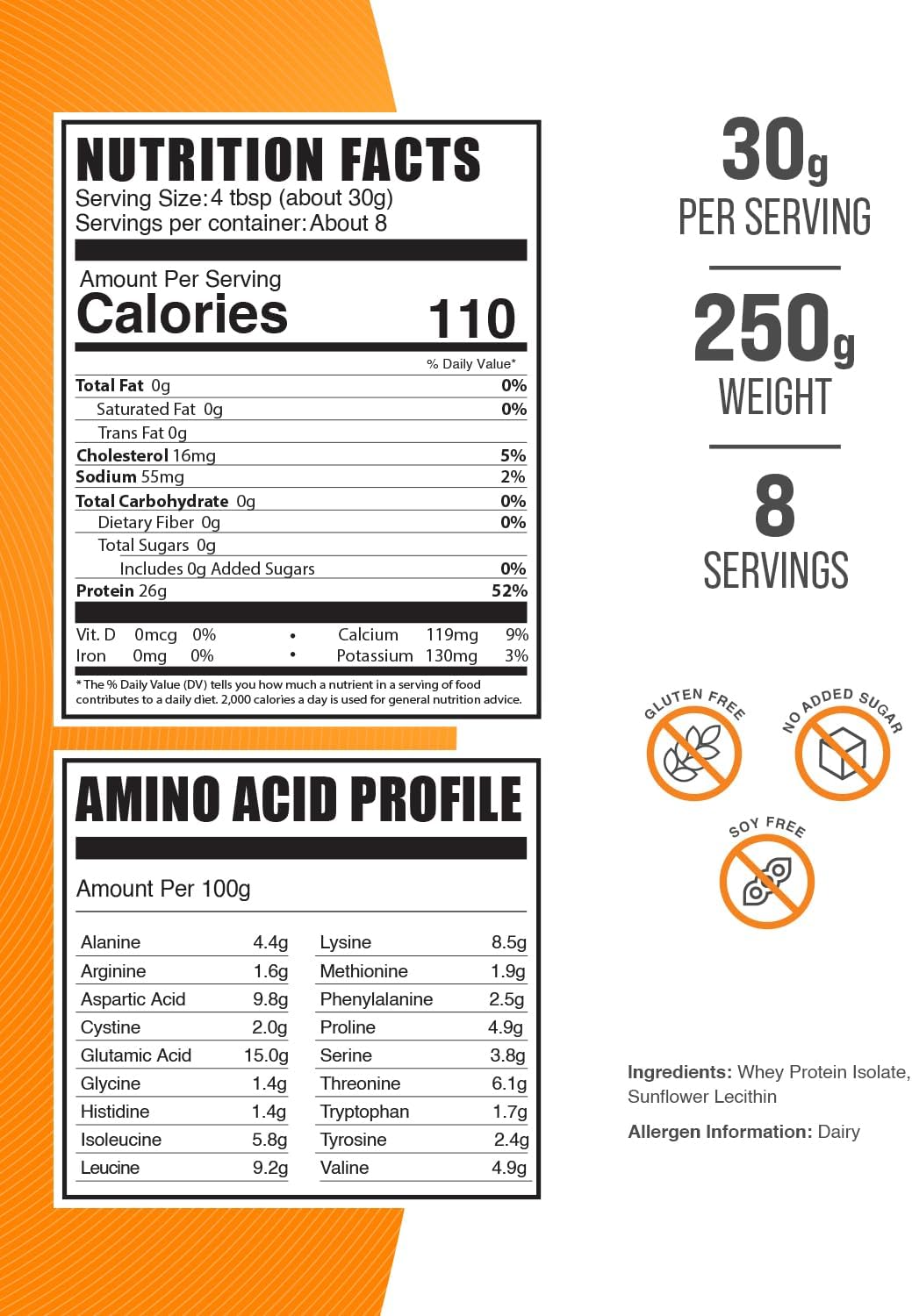 BulkSupplements unflavored pure whey protein isolate supplement nutrition facts panel