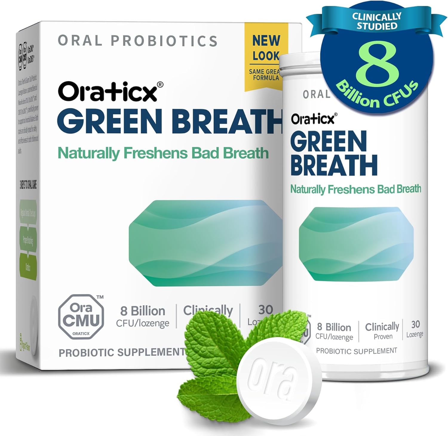 OraTicx Green Breath Oral Care Probiotics, Naturally Support Freshens Bad Breath & Healthy Mouth, Dental Probiotic Supplement 8 Billion CFU, Mint Flavor 30 Lozenges 1-PK - Image 1