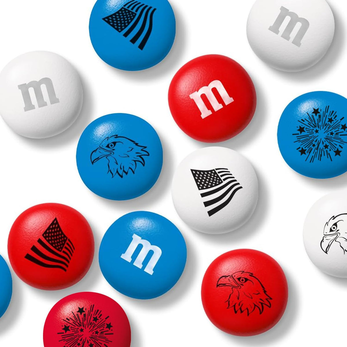 Assorted red white and blue M&M'S poured out of resealable bag