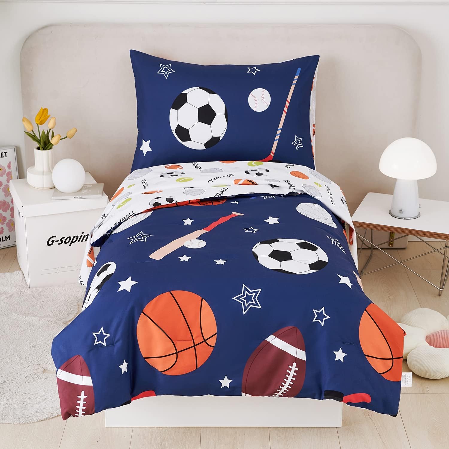URBONUR 4 piece toddler bedding set front view showing navy sports theme comforter