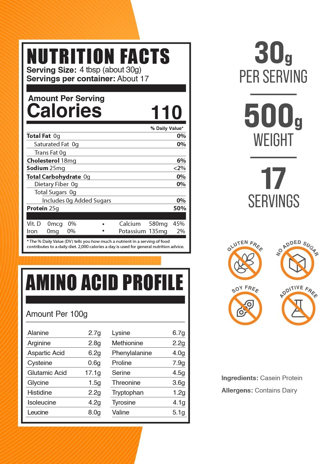 BulkSupplements Casein Protein Powder unflavored supplement facts showing 30g protein per serving nutritional values