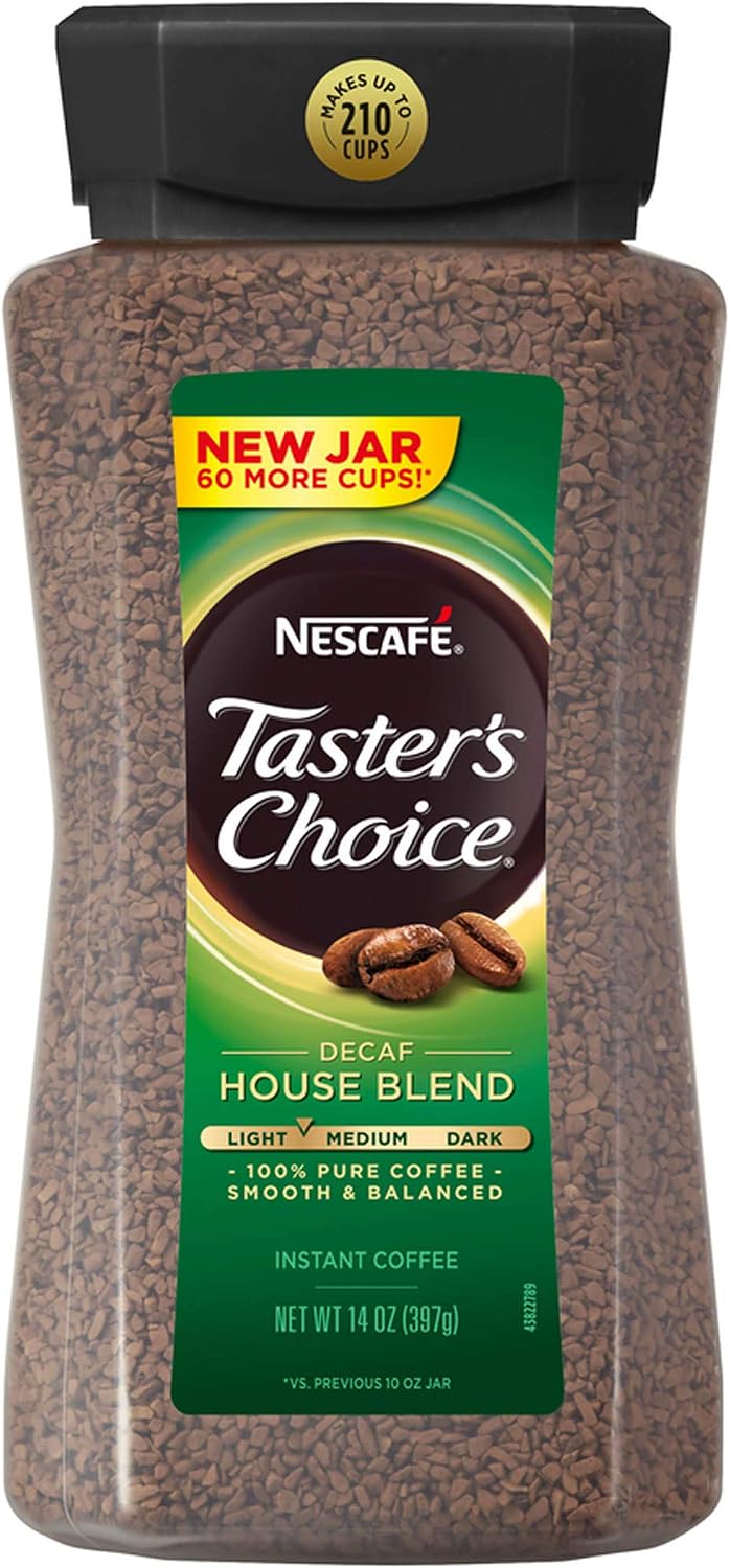 Tasters Choice decaffeinated instant coffee jar front view 14 Ounce