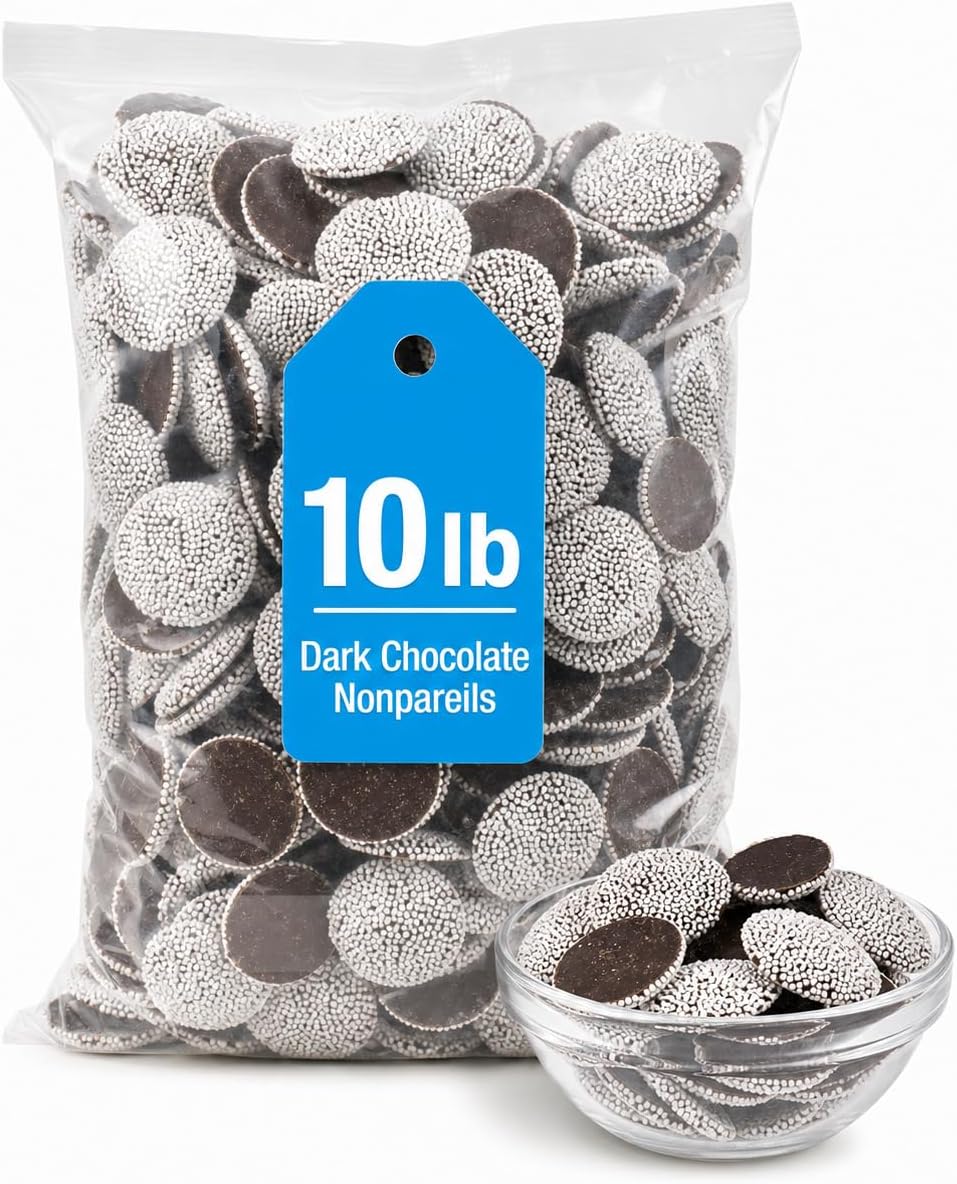 Gourmet dark chocolate nonpareils sprinkles side view showing crisp white seeds