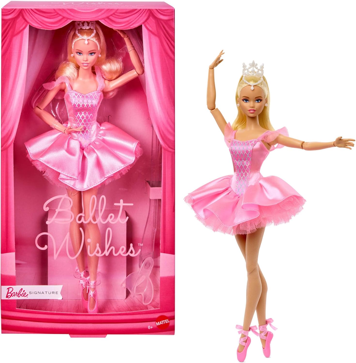 Barbie Signature Ballet Wishes Doll front view in pink packaging