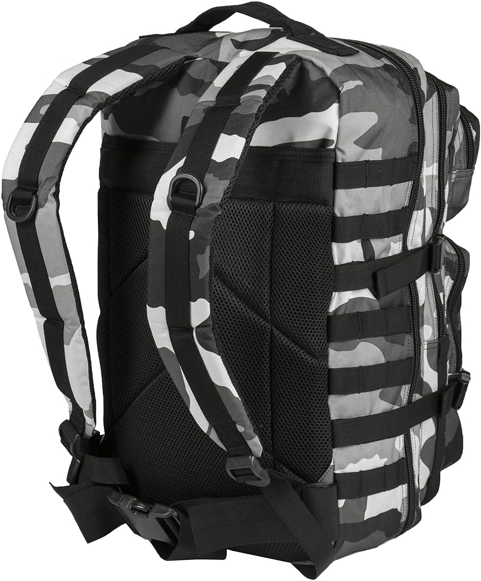 Mil-Tec 36L tactical backpack side profile showing MOLLE webbing system