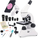 Microscope for Adults Kids, 40X-2000X Compound Biological Monocular Microscope Kit for Kids Students Beginners Lab Home School Education - w/Slides Set, Phone Adapter, Power Adapter (White, Metal) - Image 1