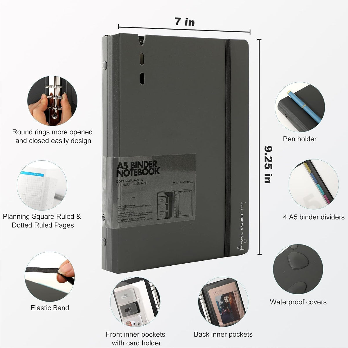 CAGIE A5 refillable notebook open showing 6-ring mechanism