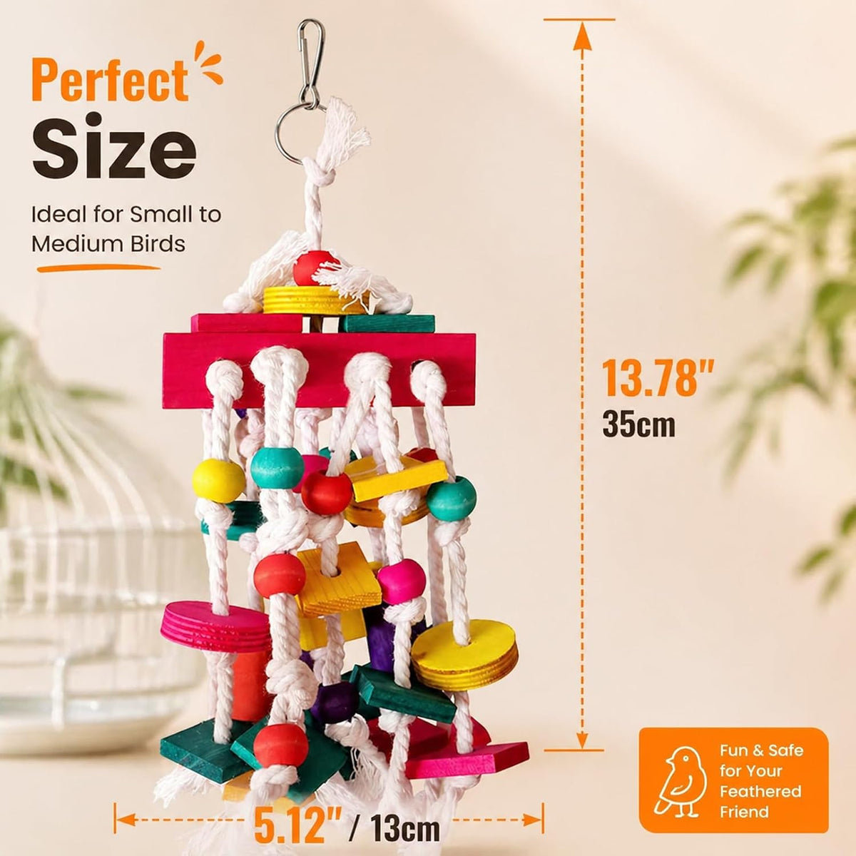 Handcrafted parrot cage bite toy showing secure steel hanging hook