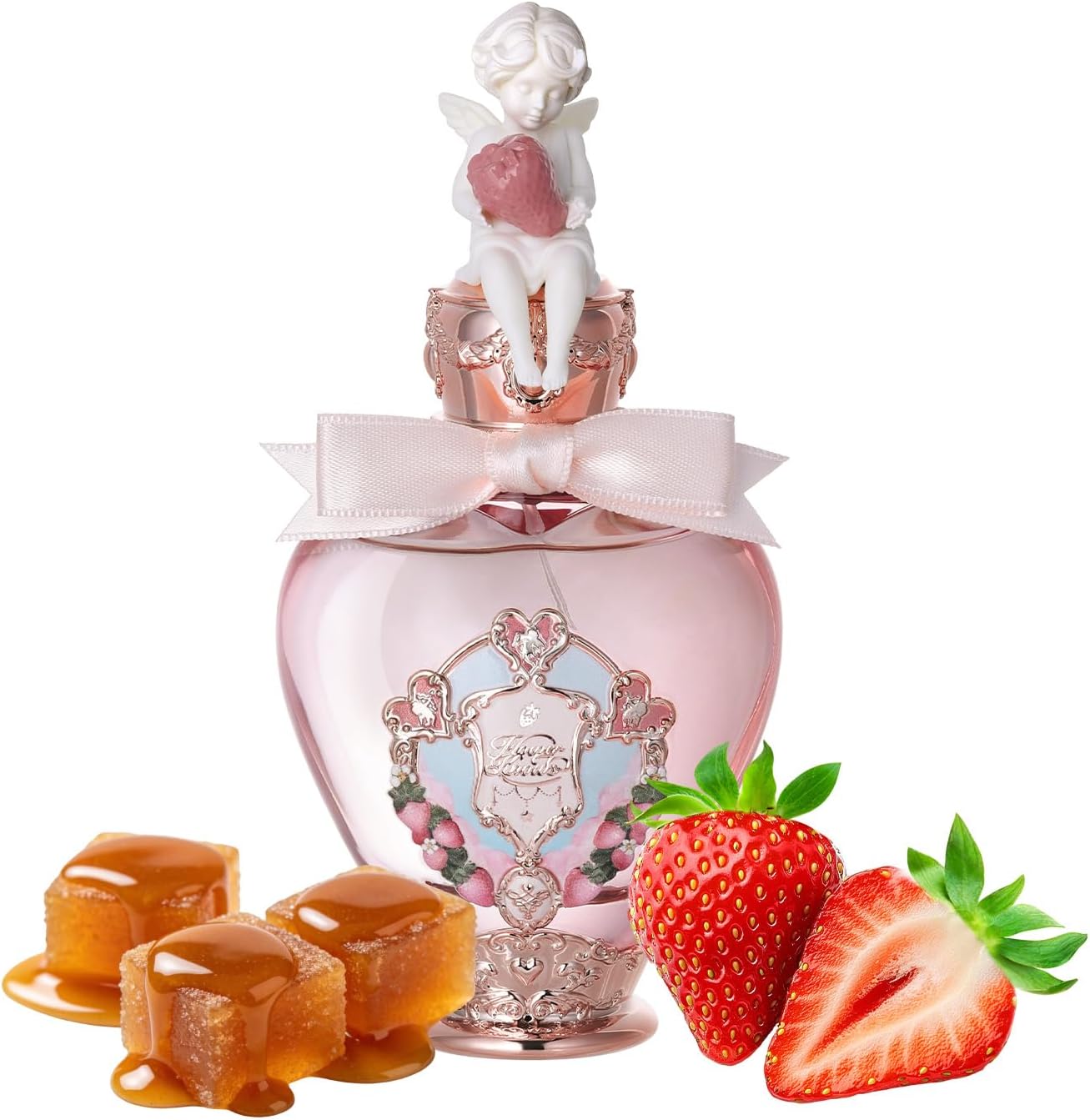 Flower Knows Strawberry Cupid Perfume front view of heart shaped bottle with Cupid cap.