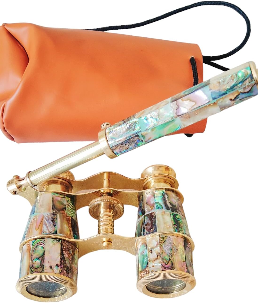 Genius Antique Handicrafts brass opera glasses front view showing polished gold body and green abalone inlay