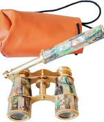 Genius Antique Handicrafts brass opera glasses front view showing polished gold body and green abalone inlay