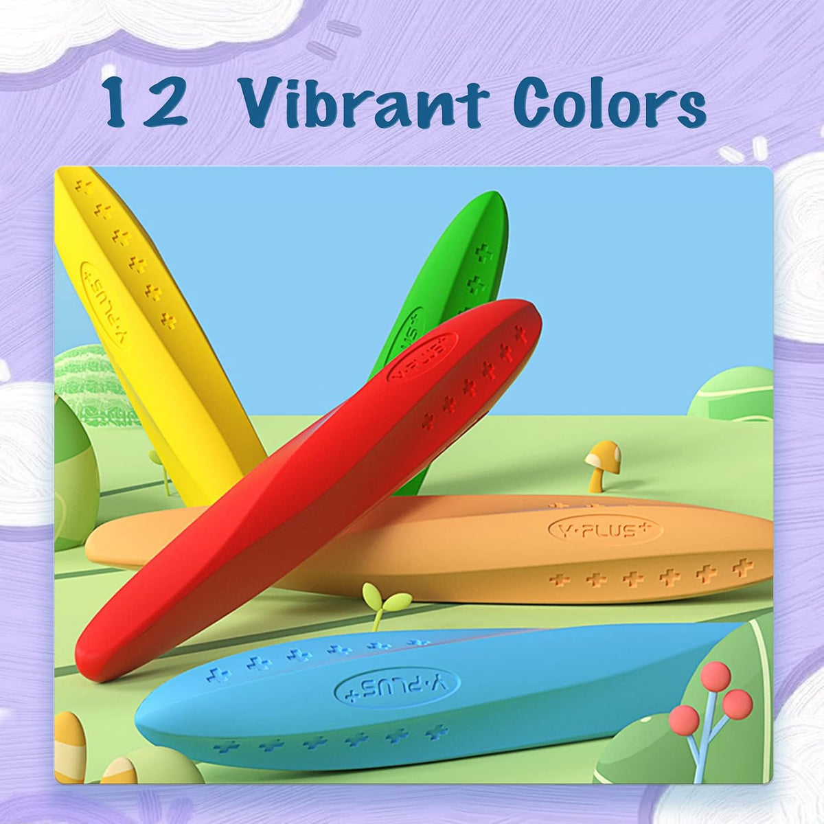 YPLUS triangle crayons box highlighting safe ingredients for kids