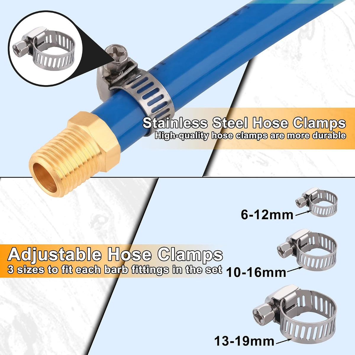 Stainless steel worm-gear hose clamps included in the package