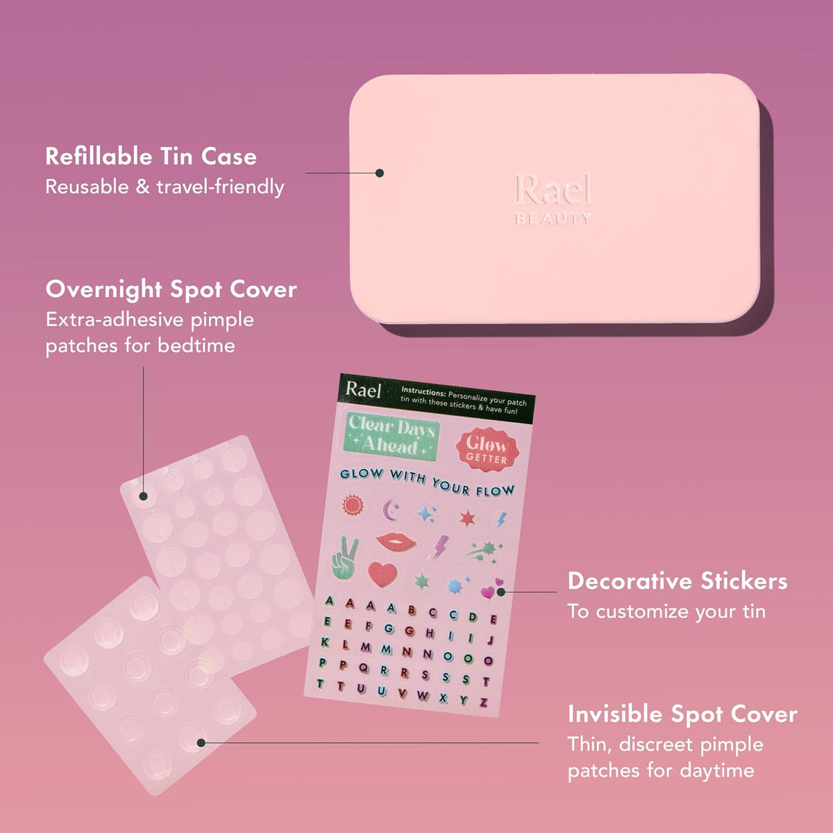 Rael Beauty hydrocolloid pimple patches set showcasing both daytime and overnight spot covers.