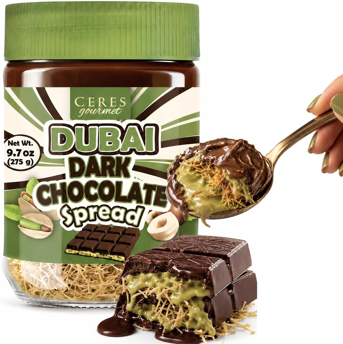 Ceres Gourmet Dubai Spreadable Chocolate- Pistachio Spread with Roasted Phyllo Kataifi, Gourmet Breakfast Choco, Crunchy Dubai Filling (9.7 Oz) - Image 10