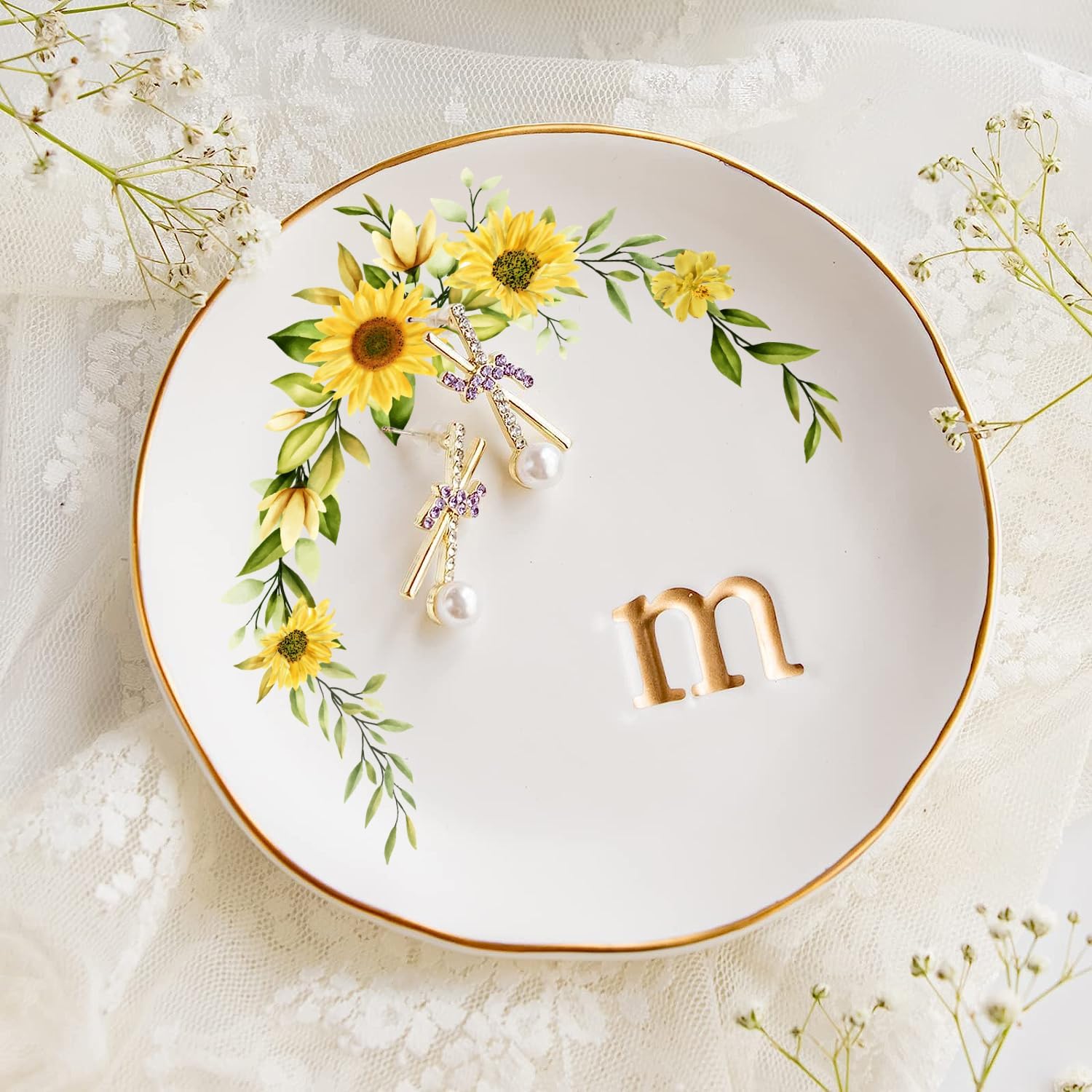 Collective Home ceramic jewelry tray front view showcasing sunflower design