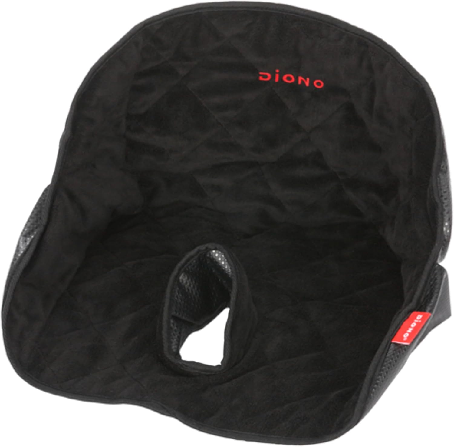 Diono Dry Seat waterproof car seat pad front view showing black quilted fabric and red embroidered brand logo.