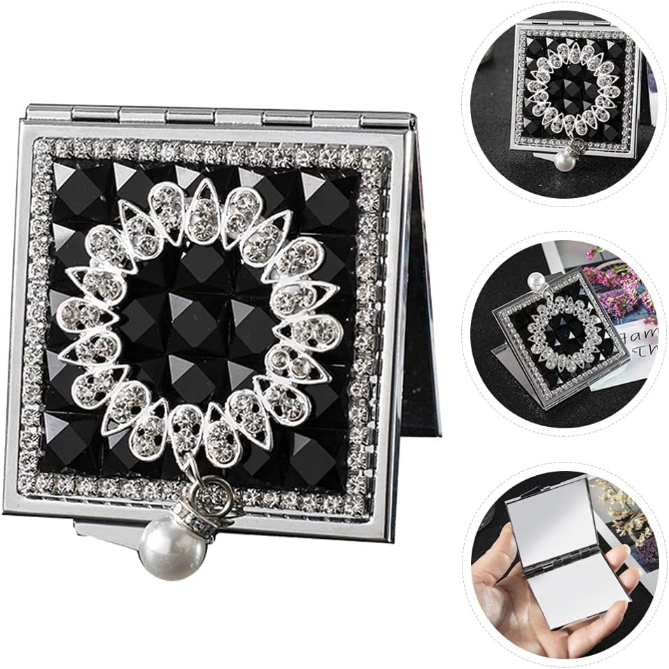 HEALLILY Folding Mirror Compact Cosmetic Mirror Vintage Folding Mini Pocket Makeup Square Double- Sided Travel for Men Women Travel Outdoor Black Portable - Image 9