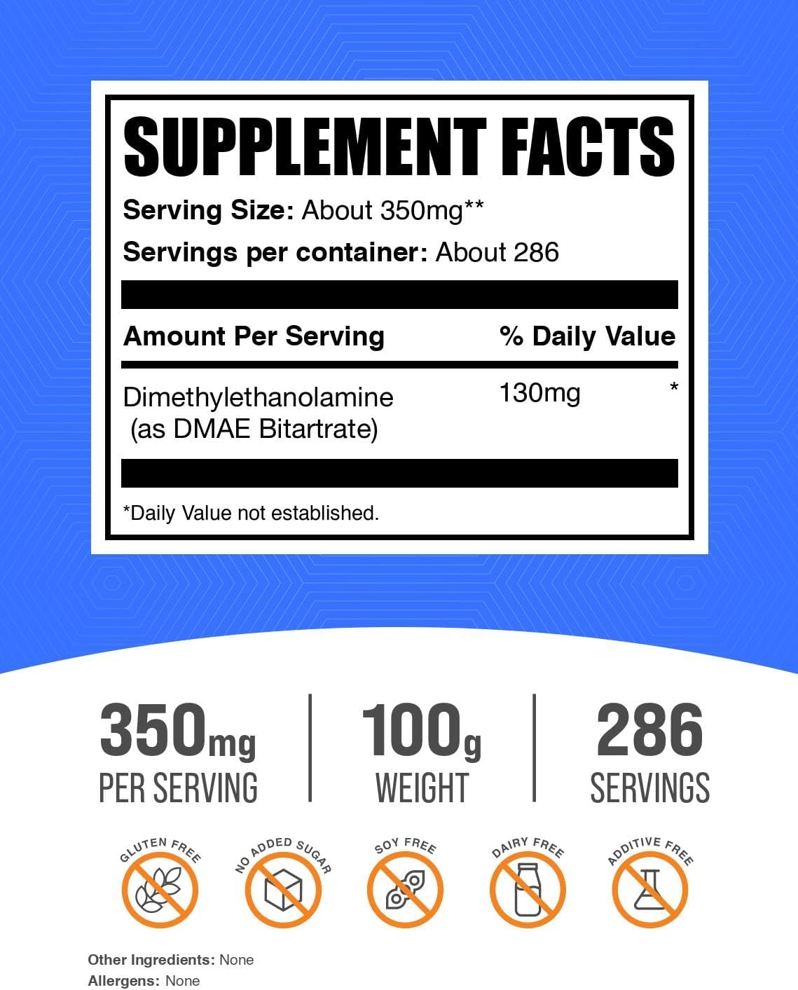 BulkSupplements DMAE Bitartrate Powder nutrition facts label