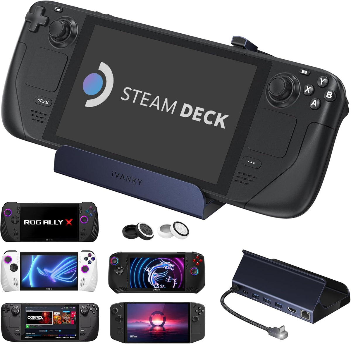 IVANKY gaming console docking station front view displaying sleek desktop cradle design