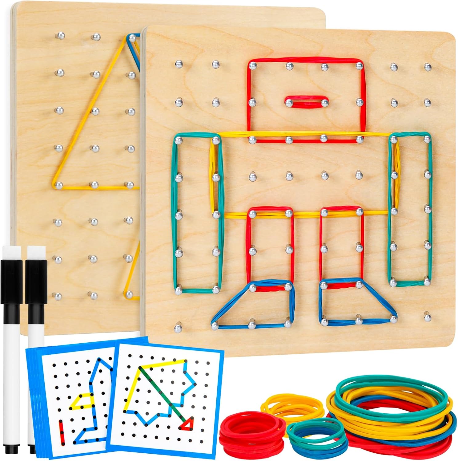 HEELWIRE Wooden Geoboard Montessori toy front view displaying a geometric star shape created with colorful rubber bands.