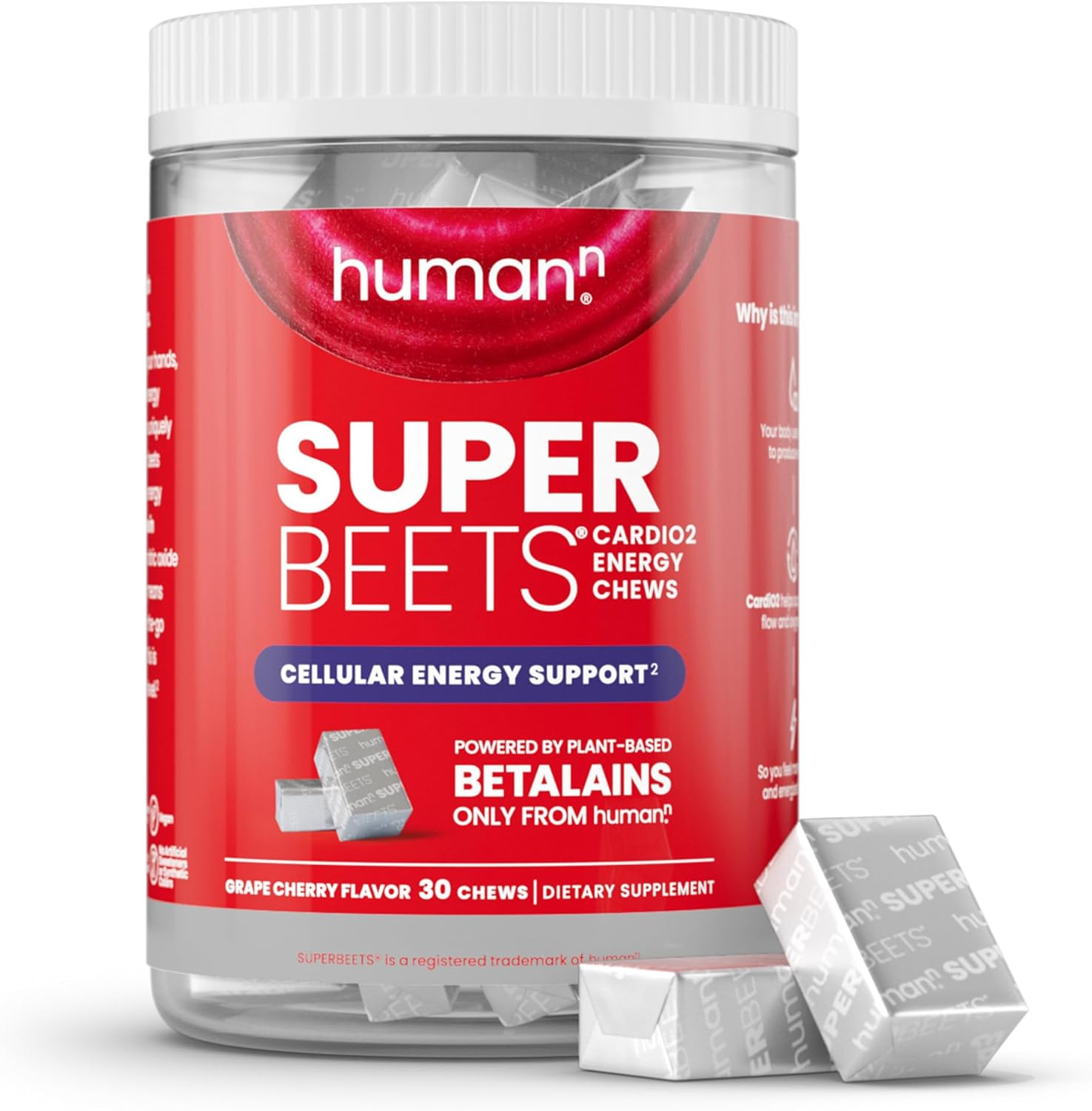 HumanN SuperBeets CardiO2 Beet Energy Chews - Betalains Compound to Support Heart Health & Blood Flow - Plant Based - No Caffeine or Stimulants - Grape Cherry Flavor - 30 Servings - Image 1
