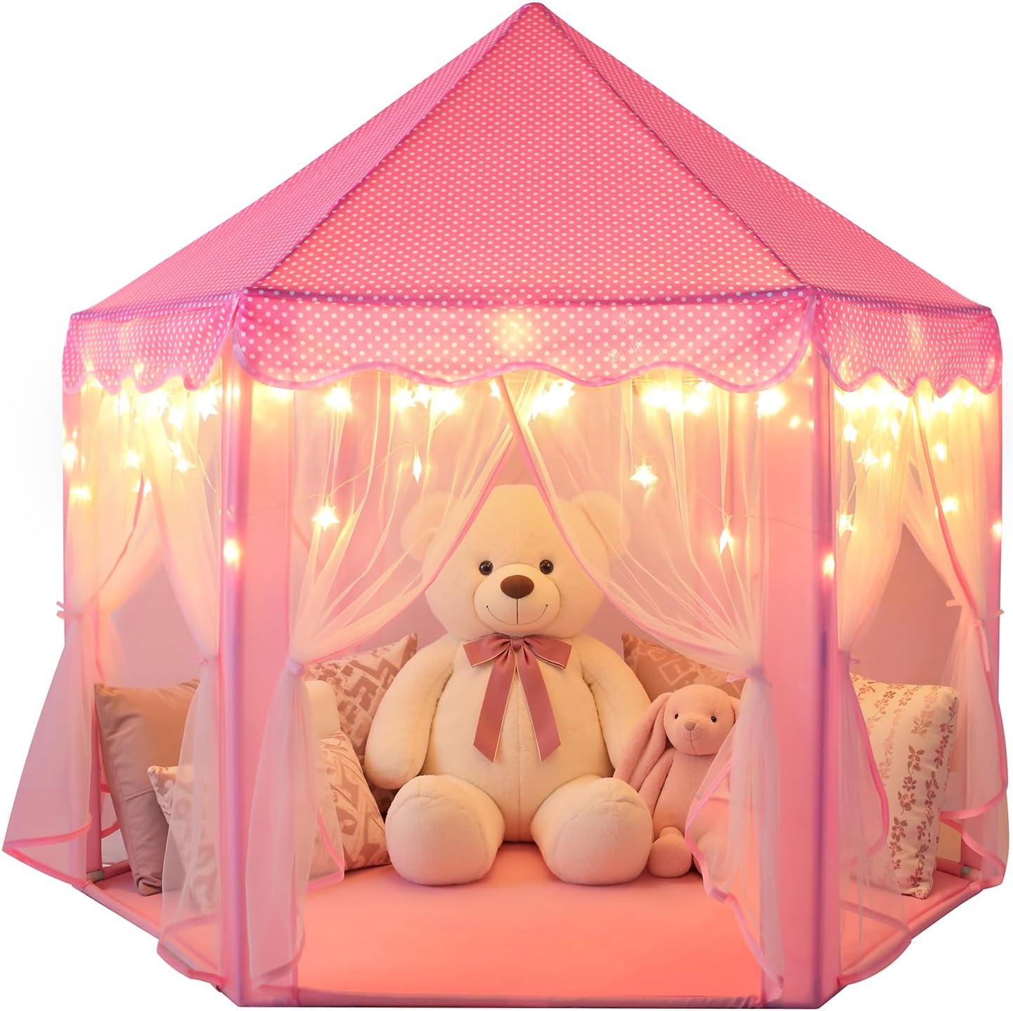 Sumbababy Princess Castle Tent front view showing the pink hexagonal playhouse setup indoors with glowing fairy star lights