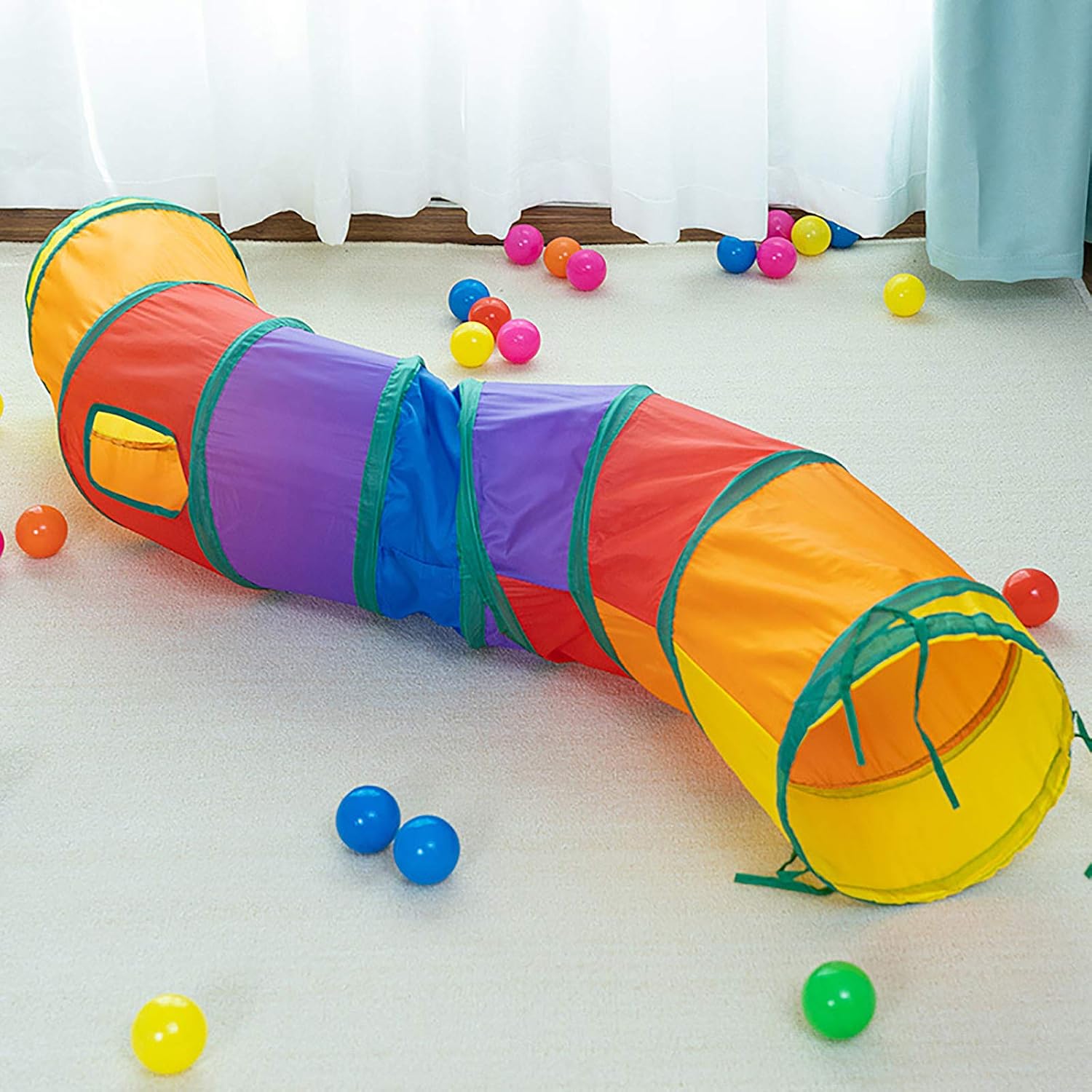 iCAGY Interactive Cat Tunnel front view showing the colorful rainbow pattern and collapsible design.