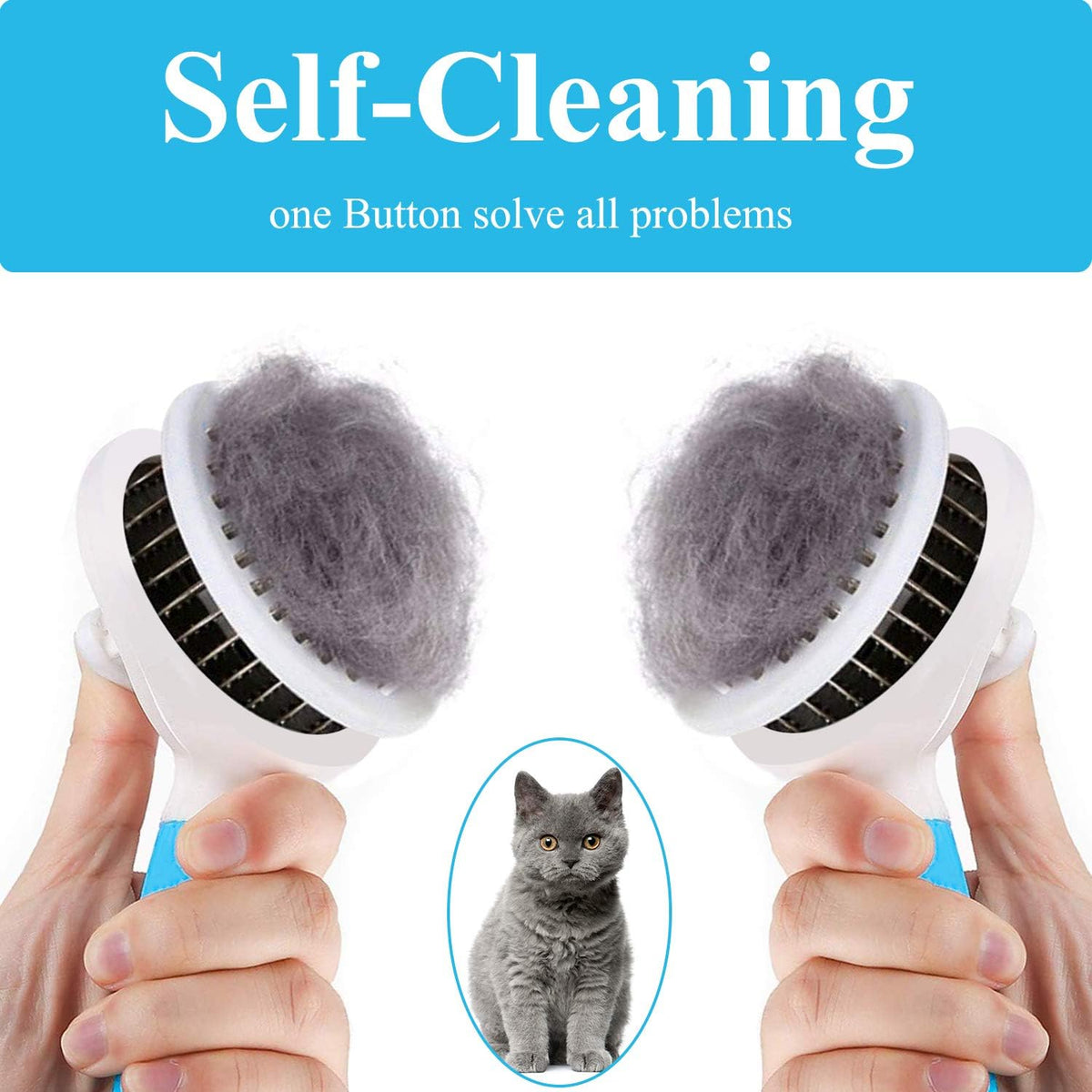 eMMiuss self cleaning slicker tool removing loose undercoat hair from a pet