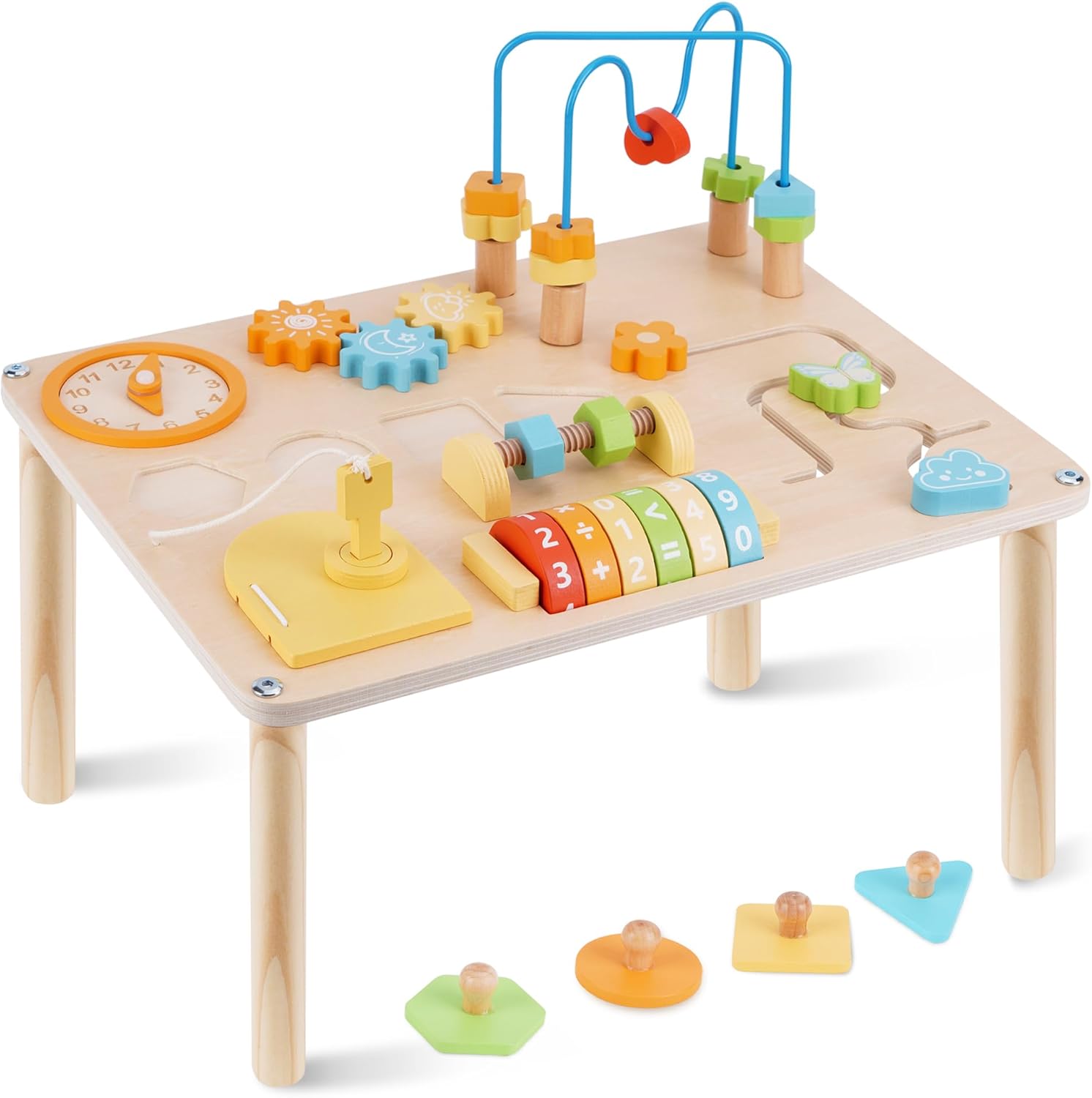ATORSE ATOYUS wooden activity table front view featuring the colorful bead maze and shape sorter components