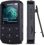 RUIZU clip MP3 player front view showing color screen and physical buttons