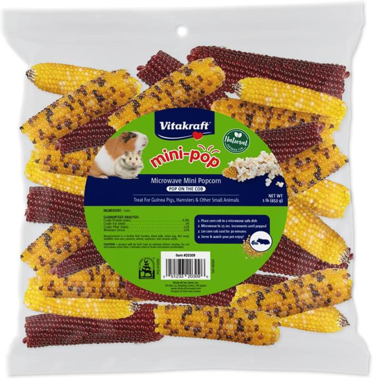 Vitakraft Mini Pops Microwavable Corn Cobs front packaging view for small animal treats.