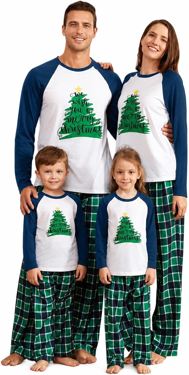 IFFEI family christmas pajamas matching set front view graphic top and plaid pants
